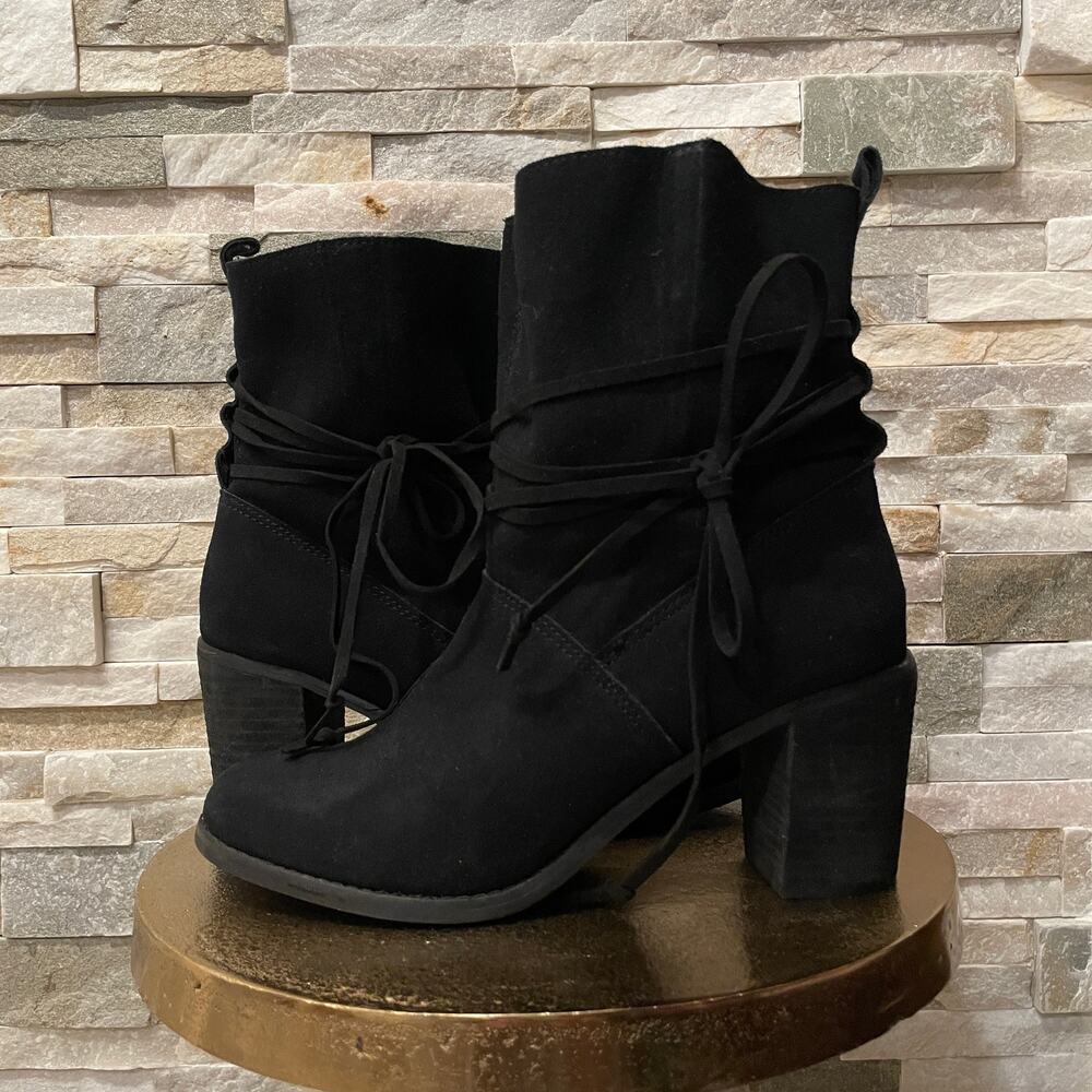 TOMS Mila Black Suede Ankle Boots | Lace Wrap, Block Heel, Size 8 - Picture 2 of 9